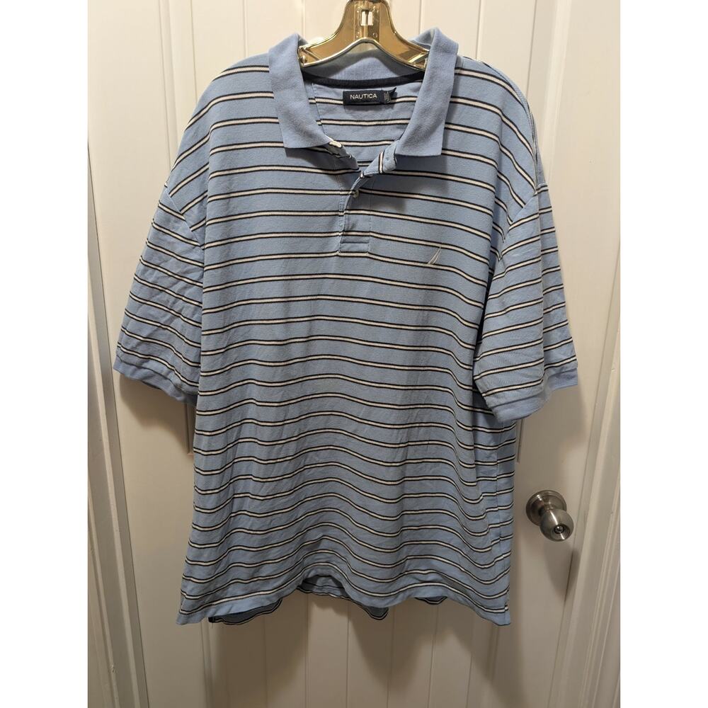 Nautica Polo Shirt Blue White Striped Casual Mens Size XXL